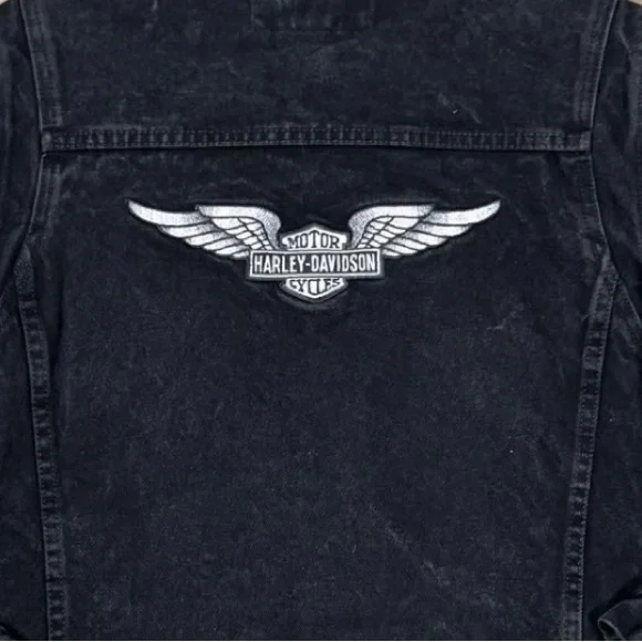 Harley Davidson Black Jean Denim Jacket With Silver Embroidered Wings size S - Picture 3 of 10